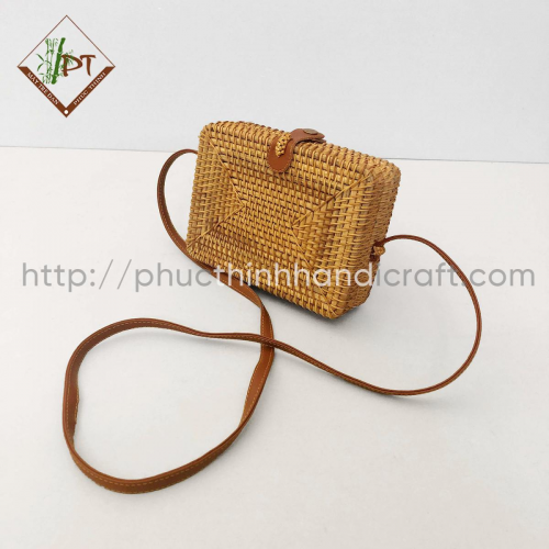 Rectangular Rattan Bag With Leather Strap