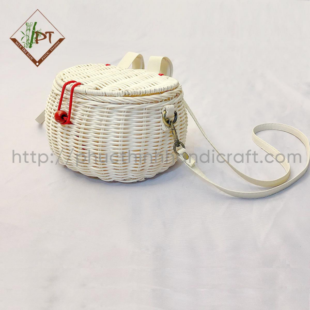 White Rattan Bag With Leather Strap